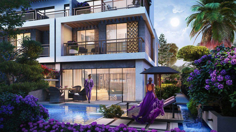 Новый комплекс таунхаусов Violet с бассейнами, аквапарком и пляжем, Damac Hills, Дубай, ОАЭ Новый комплекс таунхаусов Violet с бассейнами, аквапарком и пляжем, Damac Hills, Дубай, ОАЭ