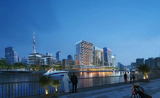 Футуристический жилой комплекс с видом на набережную, Дубайский канал и небоскрёб Бурдж-Халифа, Business Bay, Дубай, ОАЭ